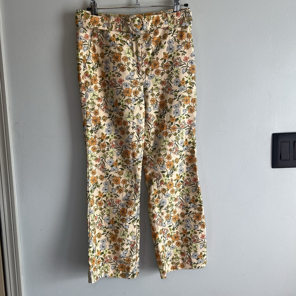 Loft Petite Sutton Kick Crop Pants Beige Orange Yellow Floral Woman’s 2P Belt - Picture 2 of 16